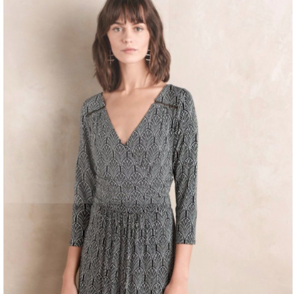 Anthropologie | Maeve Galena Black White Print Midi Wrap Dress Size Small